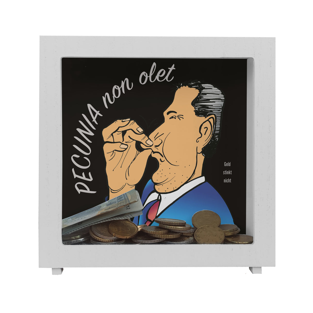 Pecunia non olet Spardose in Lila zum Thema Geld