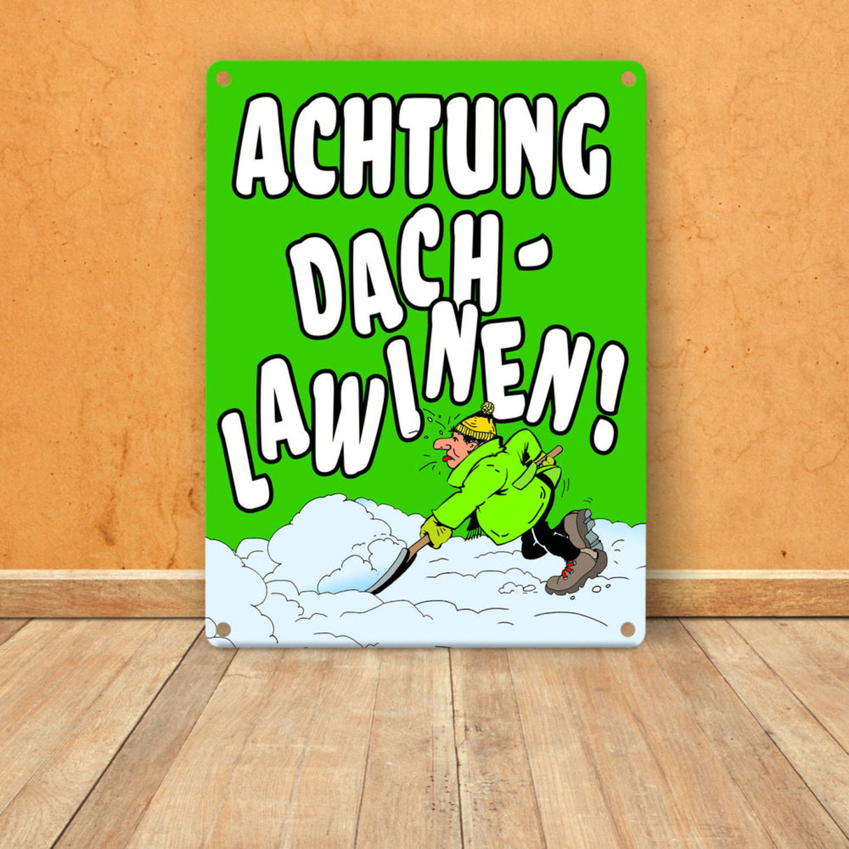 Dachlawine Metallschild zum Thema Schneefall im Winter -Gelb