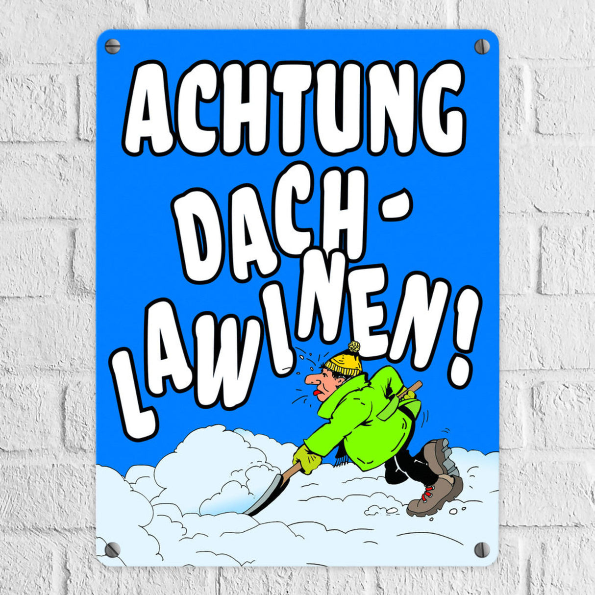 Dachlawine Metallschild zum Thema Schneefall im Winter -Gelb
