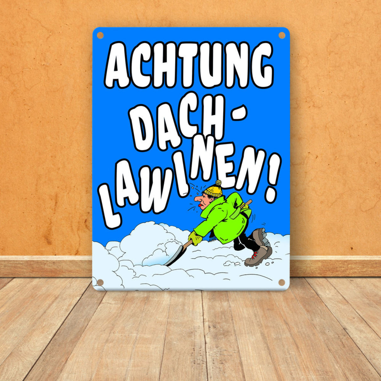 Dachlawine Metallschild zum Thema Schneefall im Winter -Gelb