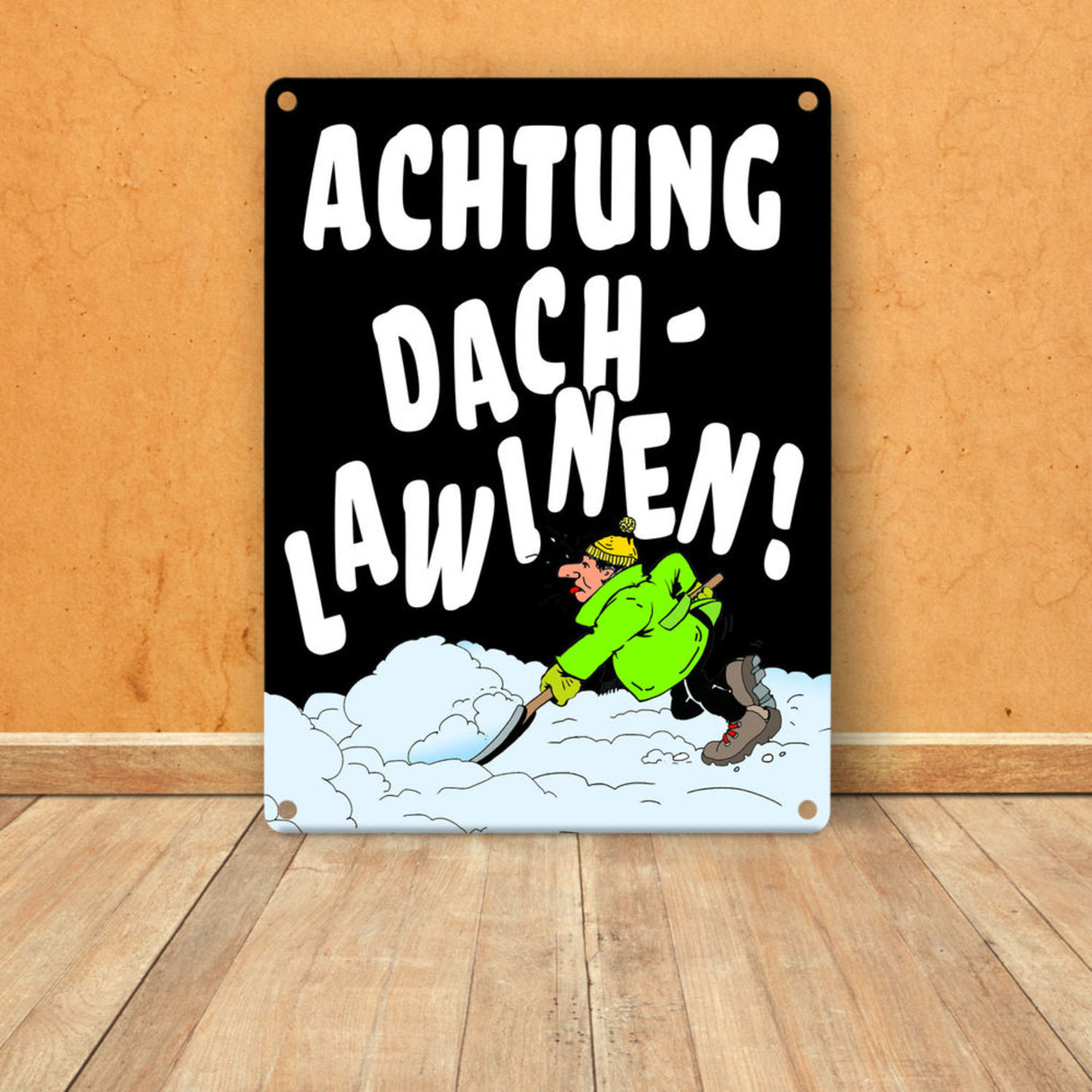 Dachlawine Metallschild zum Thema Schneefall im Winter -Gelb