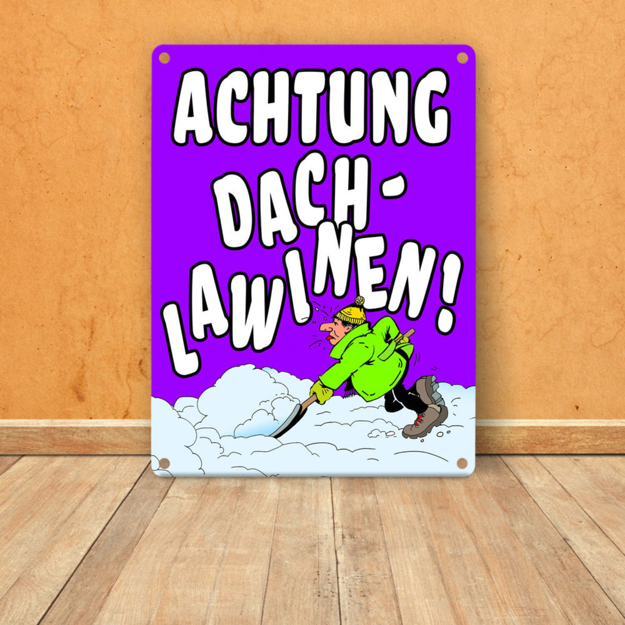 Dachlawine Metallschild zum Thema Schneefall im Winter -Gelb