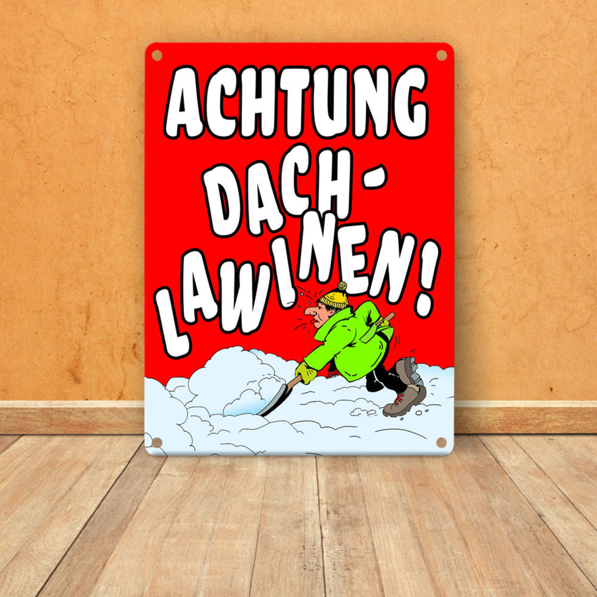 Dachlawine Metallschild zum Thema Schneefall im Winter -Gelb