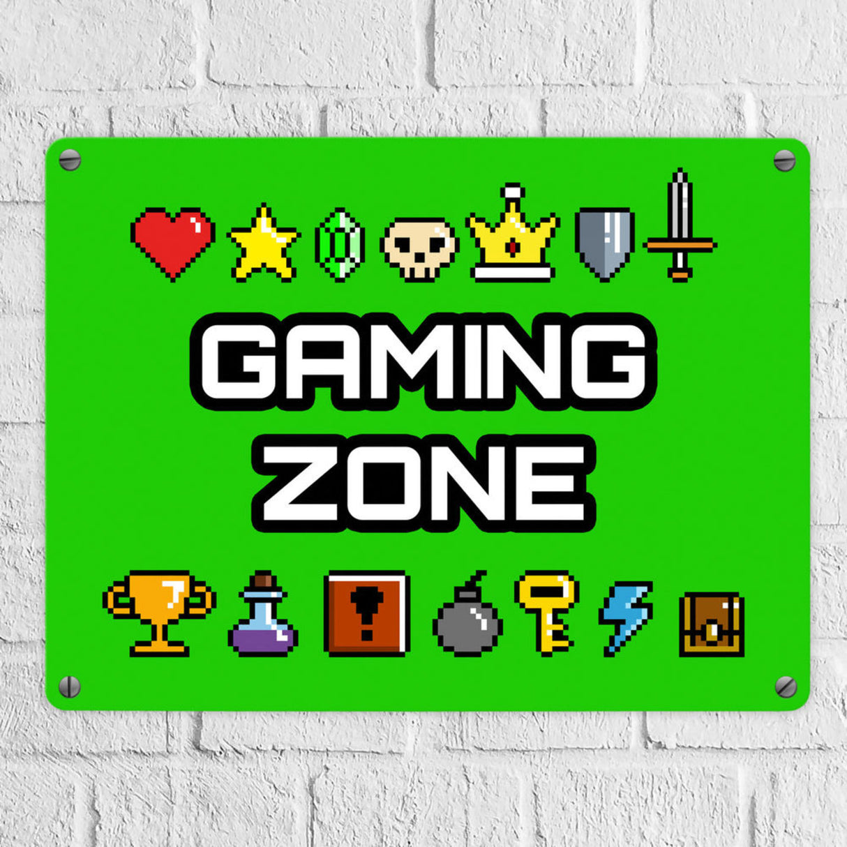 Gaming Zone Metallschild mit Pixel-Items für Zocker in lila