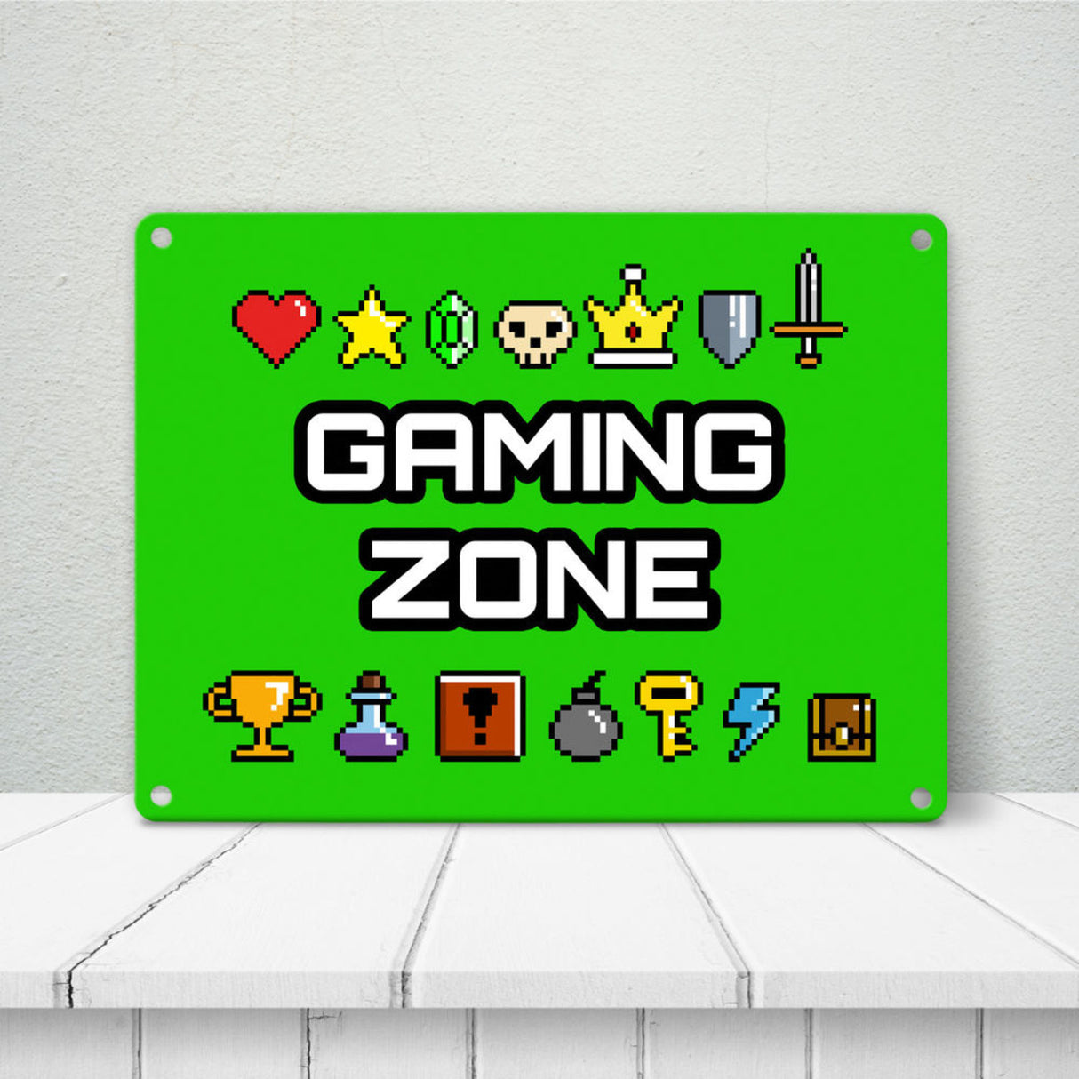 Gaming Zone Metallschild mit Pixel-Items für Zocker in lila
