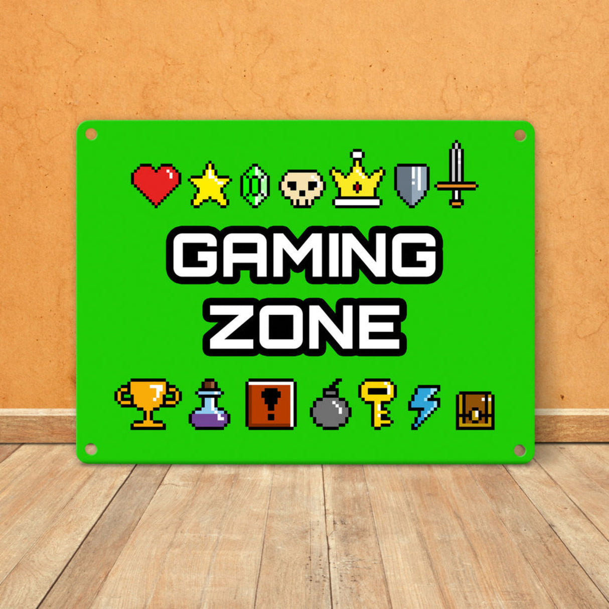 Gaming Zone Metallschild mit Pixel-Items für Zocker in lila