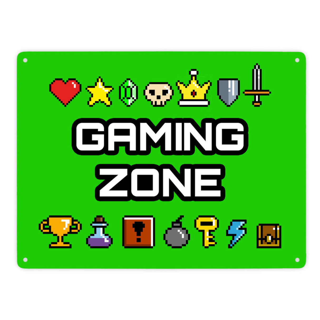 Gaming Zone Metallschild mit Pixel-Items für Zocker in lila
