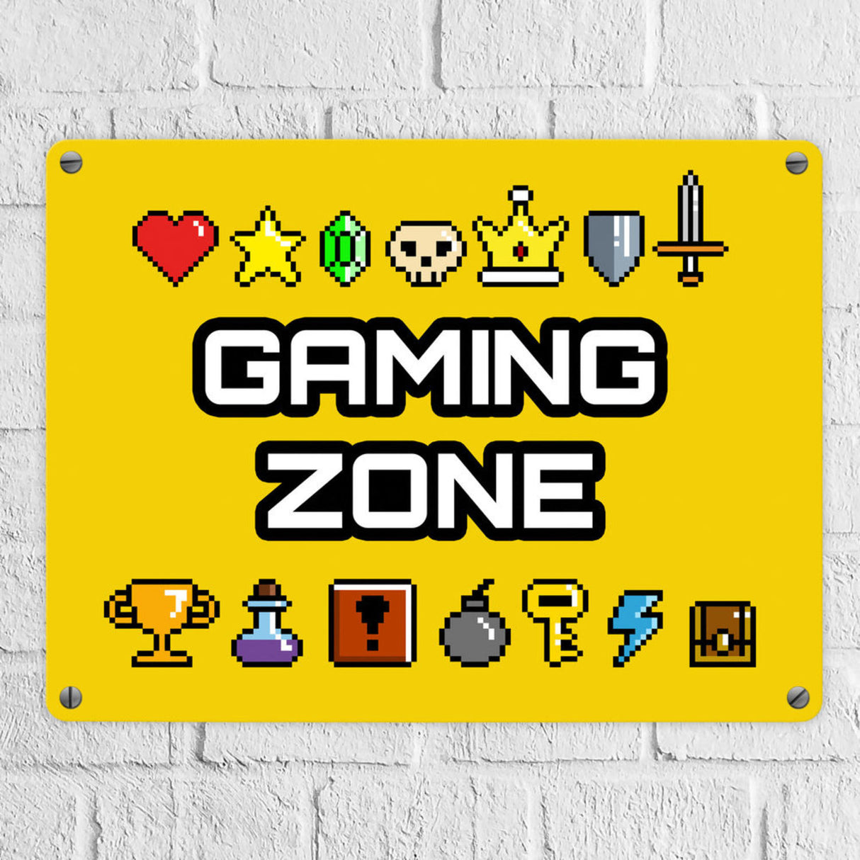 Gaming Zone Metallschild mit Pixel-Items für Zocker in lila