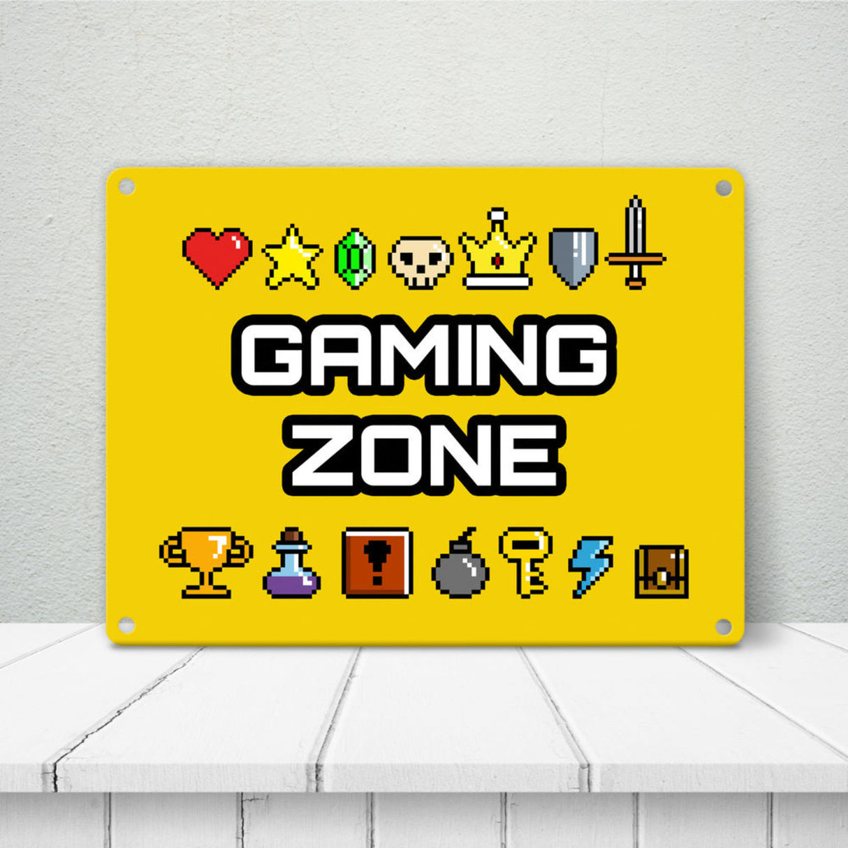 Gaming Zone Metallschild mit Pixel-Items für Zocker in lila