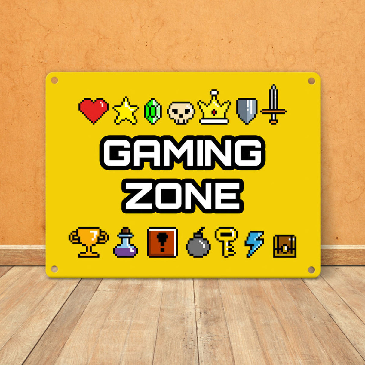 Gaming Zone Metallschild mit Pixel-Items für Zocker in lila