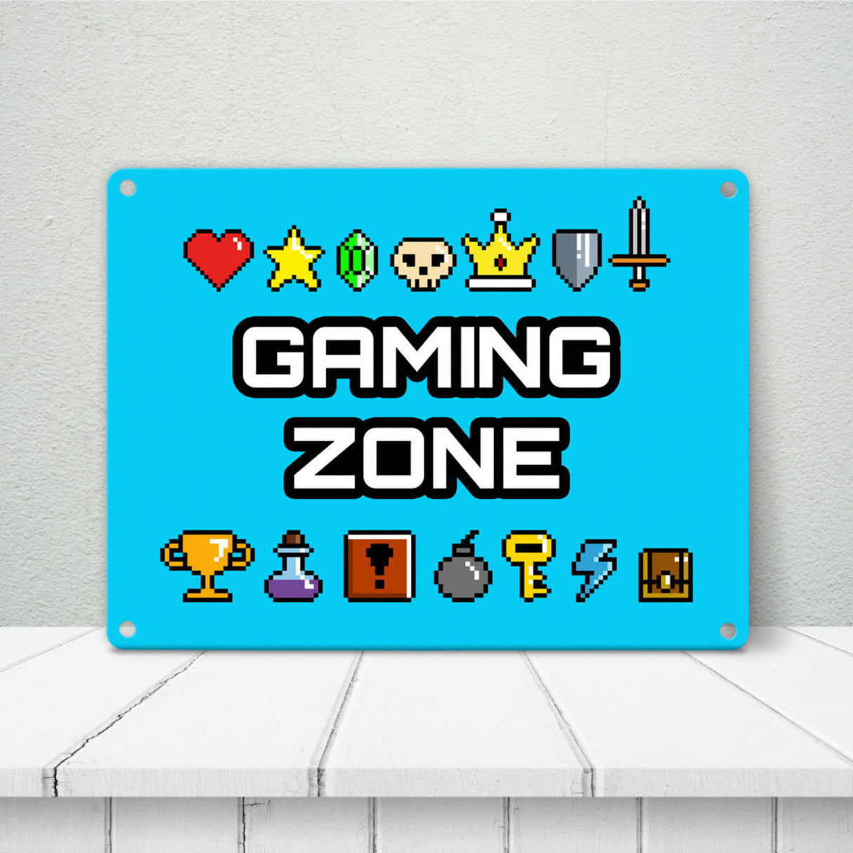 Gaming Zone Metallschild mit Pixel-Items für Zocker in lila