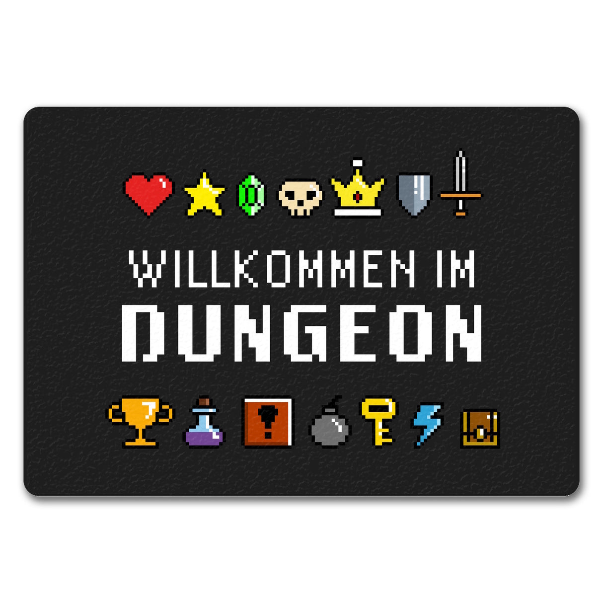 Willkommen im Dungeon Fußmatte für Gamer mit bunten Pixel-Items