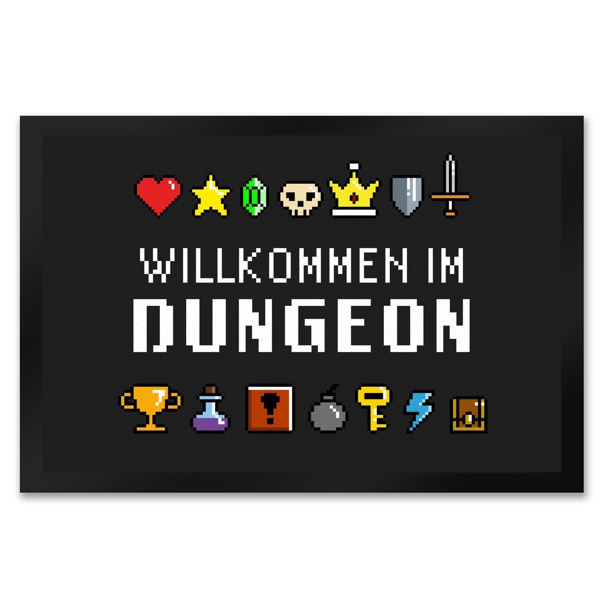 Willkommen im Dungeon Fußmatte für Gamer mit bunten Pixel-Items