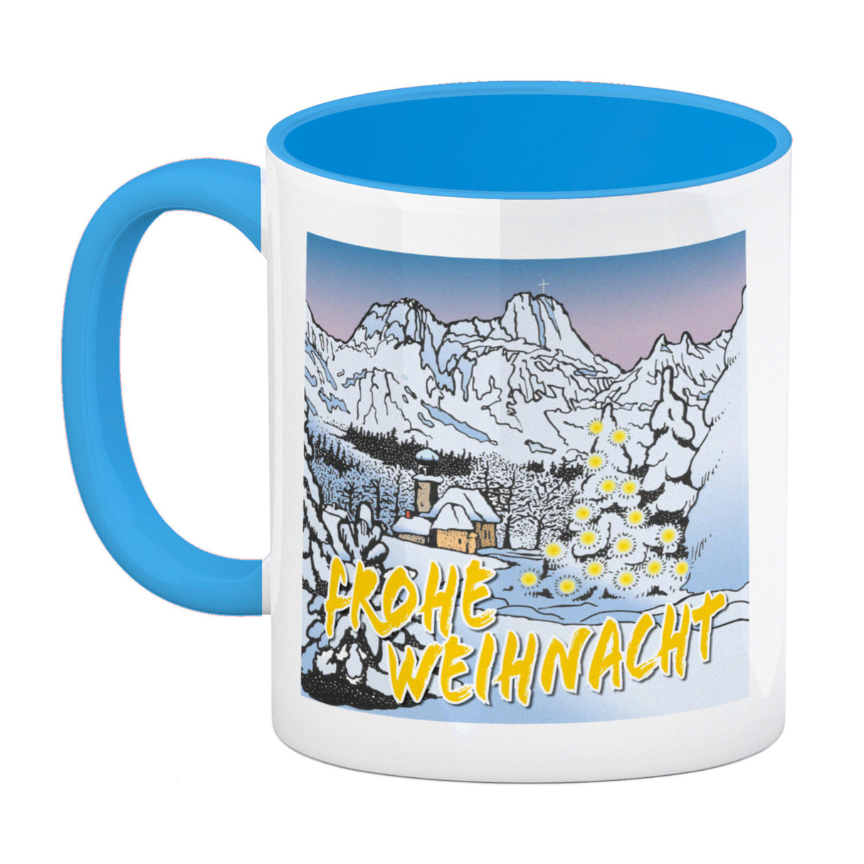 Kaffeebecher zum Thema Weihnachten mit eingeschneiter Landschaft