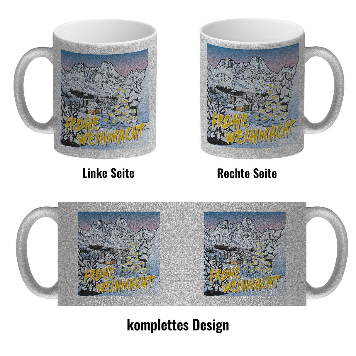 Kaffeebecher zum Thema Weihnachten mit eingeschneiter Landschaft