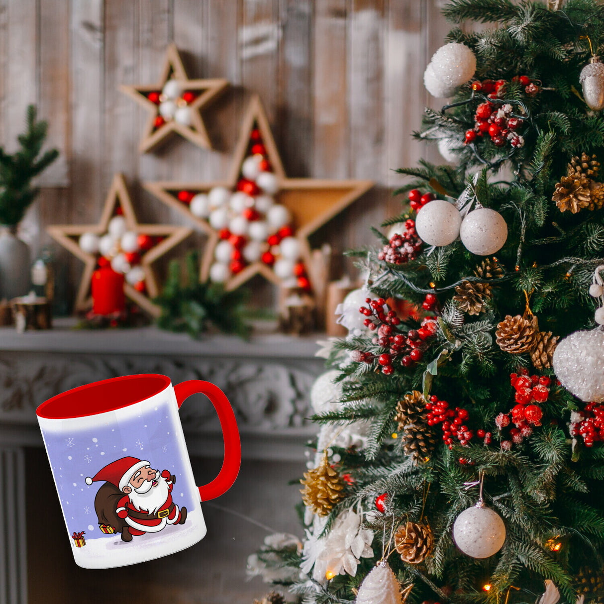 Frohe Weihnachten! Kaffeebecher mit lustigem Comic-Weihnachtsmann