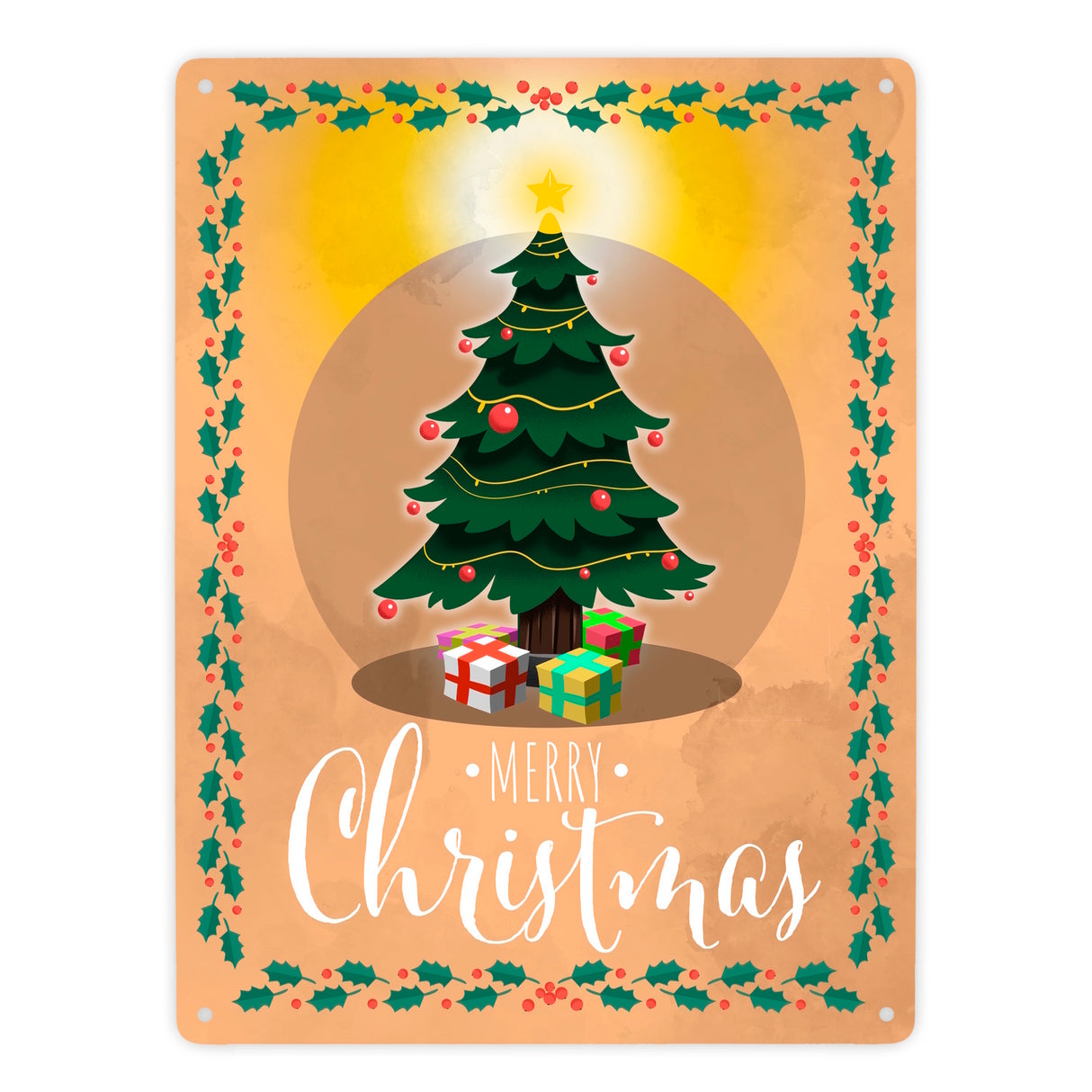 Merry Christmas Metallschild mit andächtigem Weihnachtsbaum