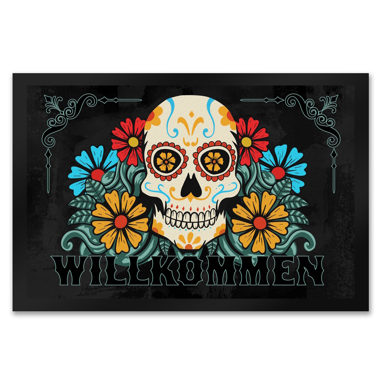 Willkommen Fußmatte mit Totenkopf und Blumenmotiv