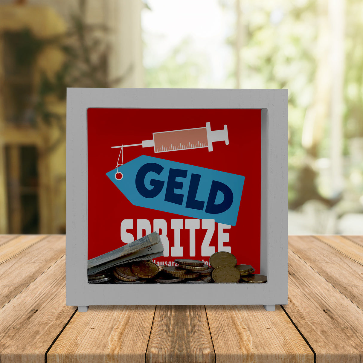 Geldgeschenk Spardose mit Geldspritze Motiv in {Rot}