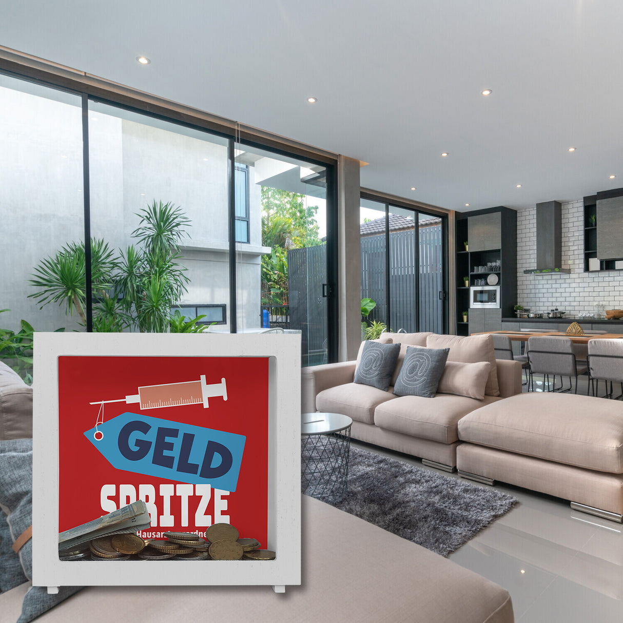 Geldgeschenk Spardose mit Geldspritze Motiv in {Rot}