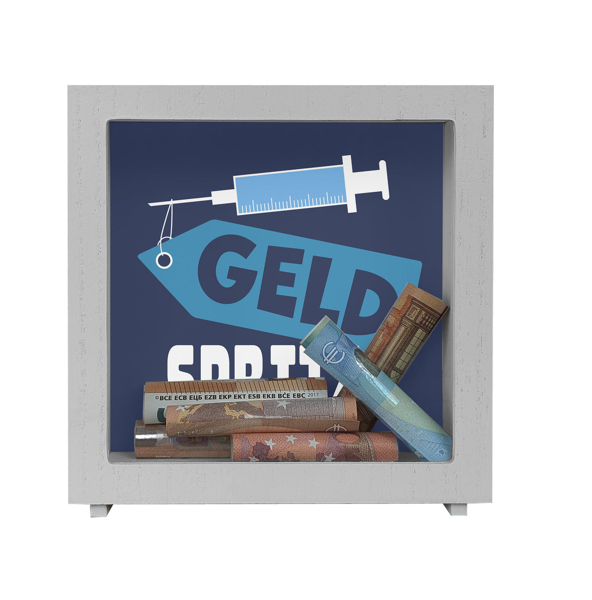 Geldgeschenk Spardose mit Geldspritze Motiv in {Rot}