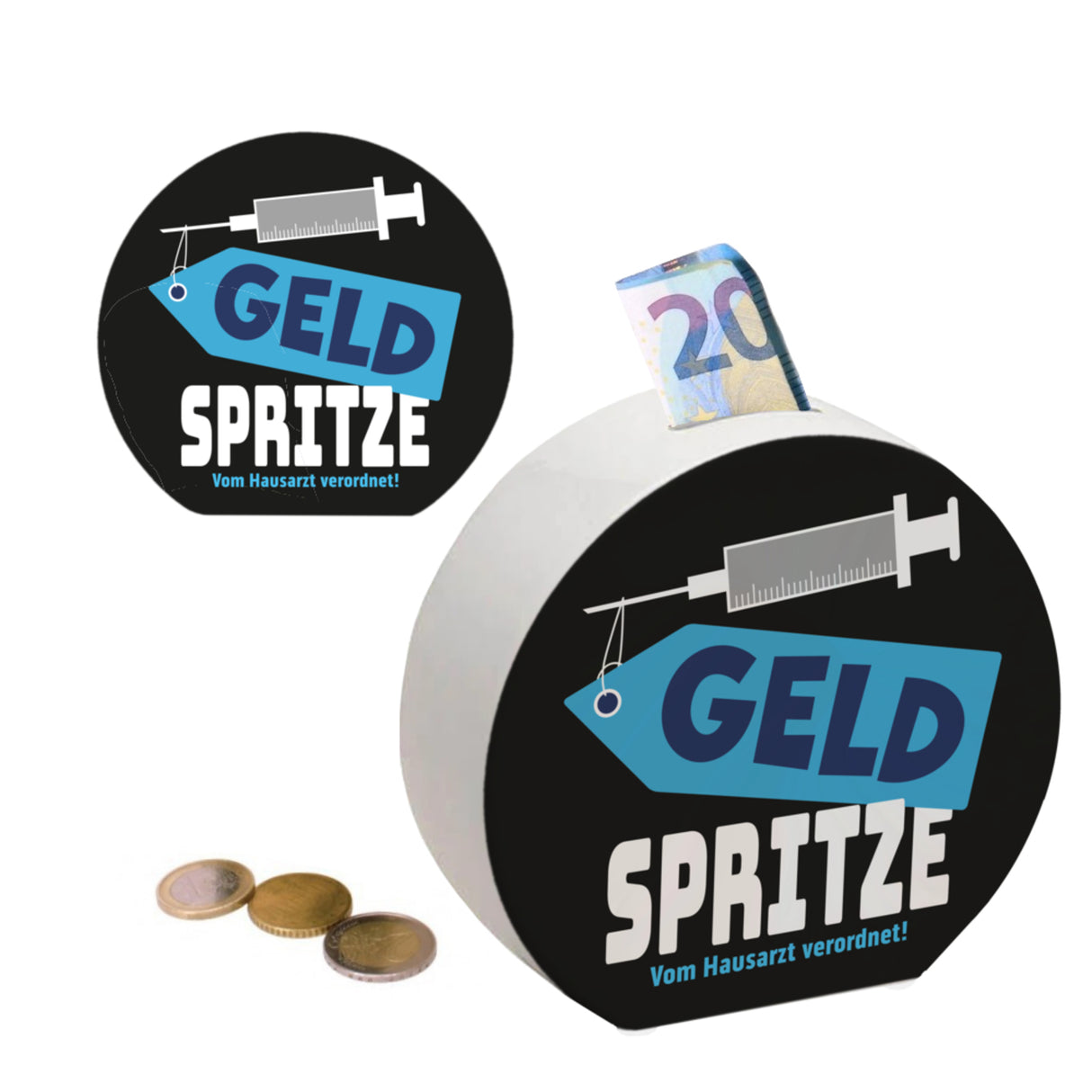 Geldgeschenk Spardose mit Geldspritze Motiv in {Rot}
