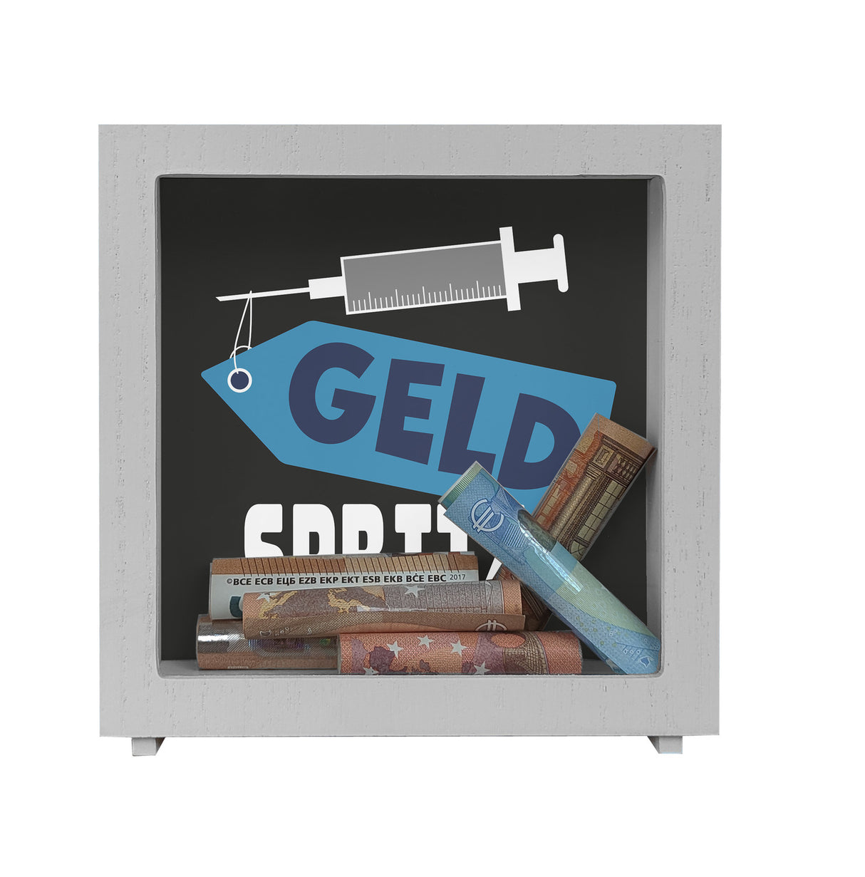 Geldgeschenk Spardose mit Geldspritze Motiv in {Rot}
