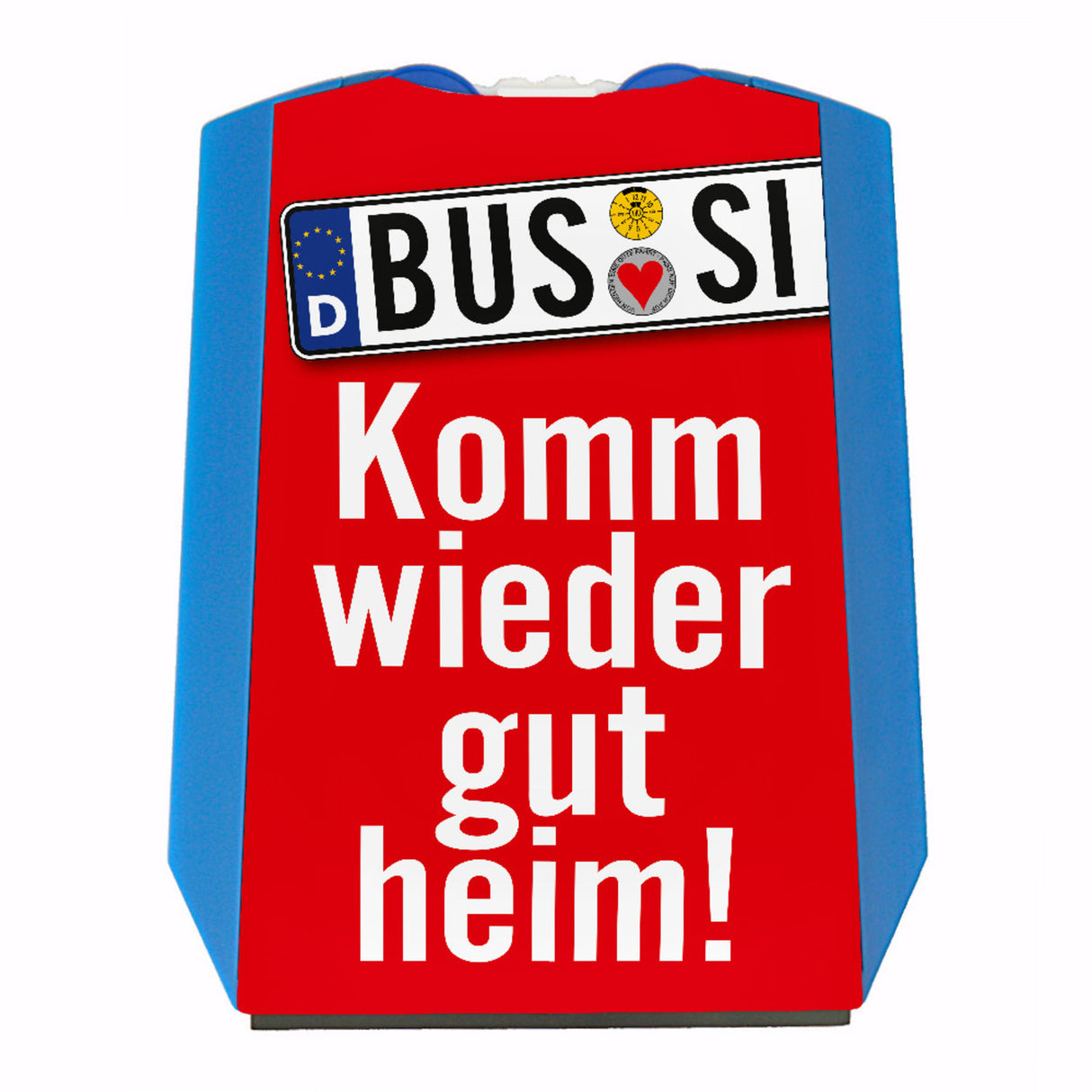 Sicherheit im Straßenverkehr Parkscheibe mit Bussi Motiv mit blauem Hintergrund