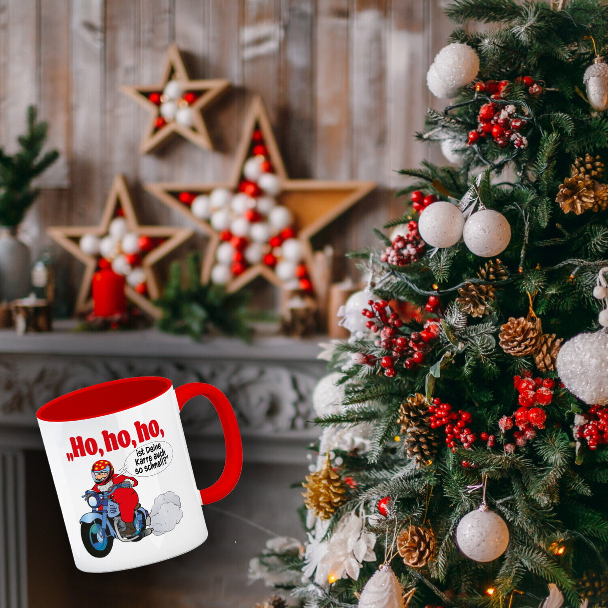 Kaffeebecher zum Thema Weihnachten mit Nikolaus auf dem Motorrad Motiv