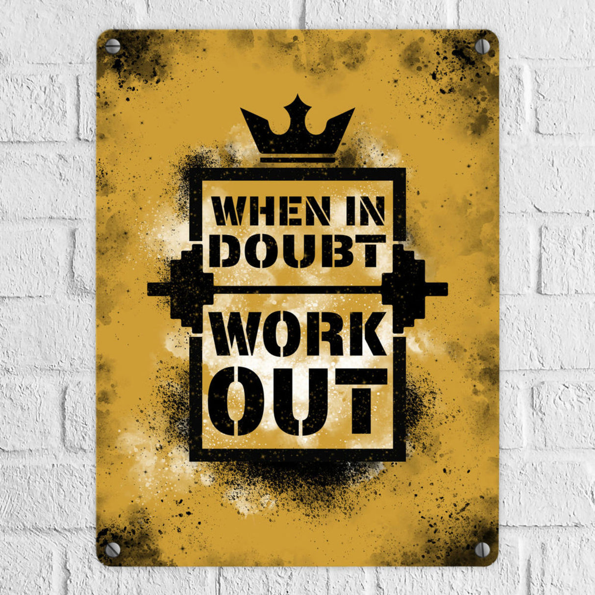 When in doubt Work out Metallschild mit motivierendem Spruch in {Gelb}