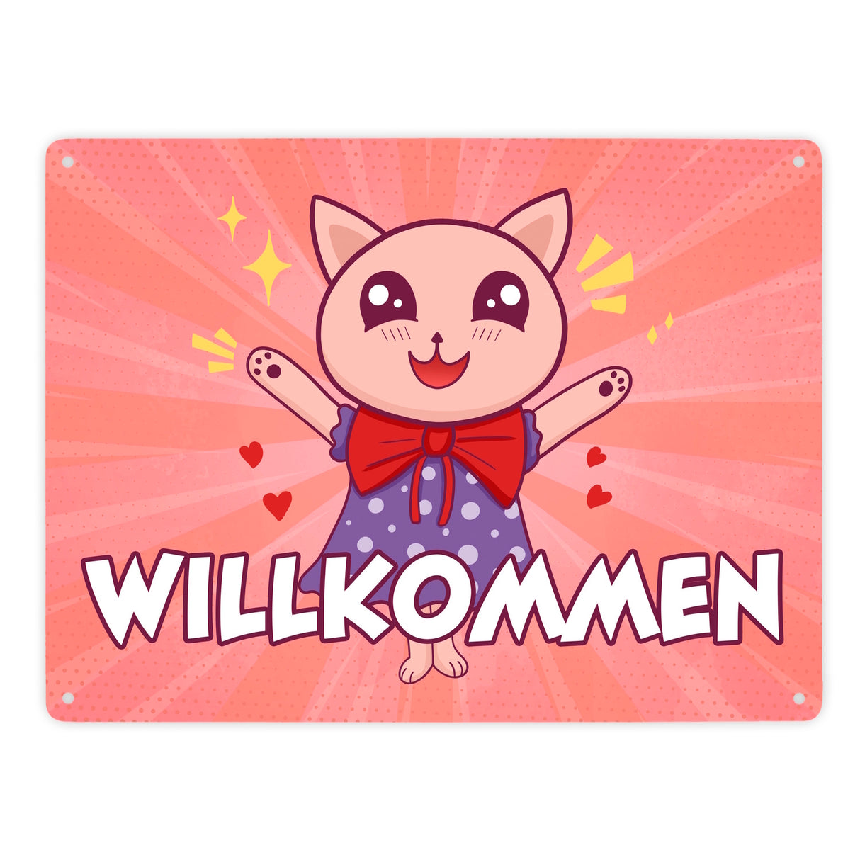 Willkommen Metallschild mit süßem Manga Kätzchen