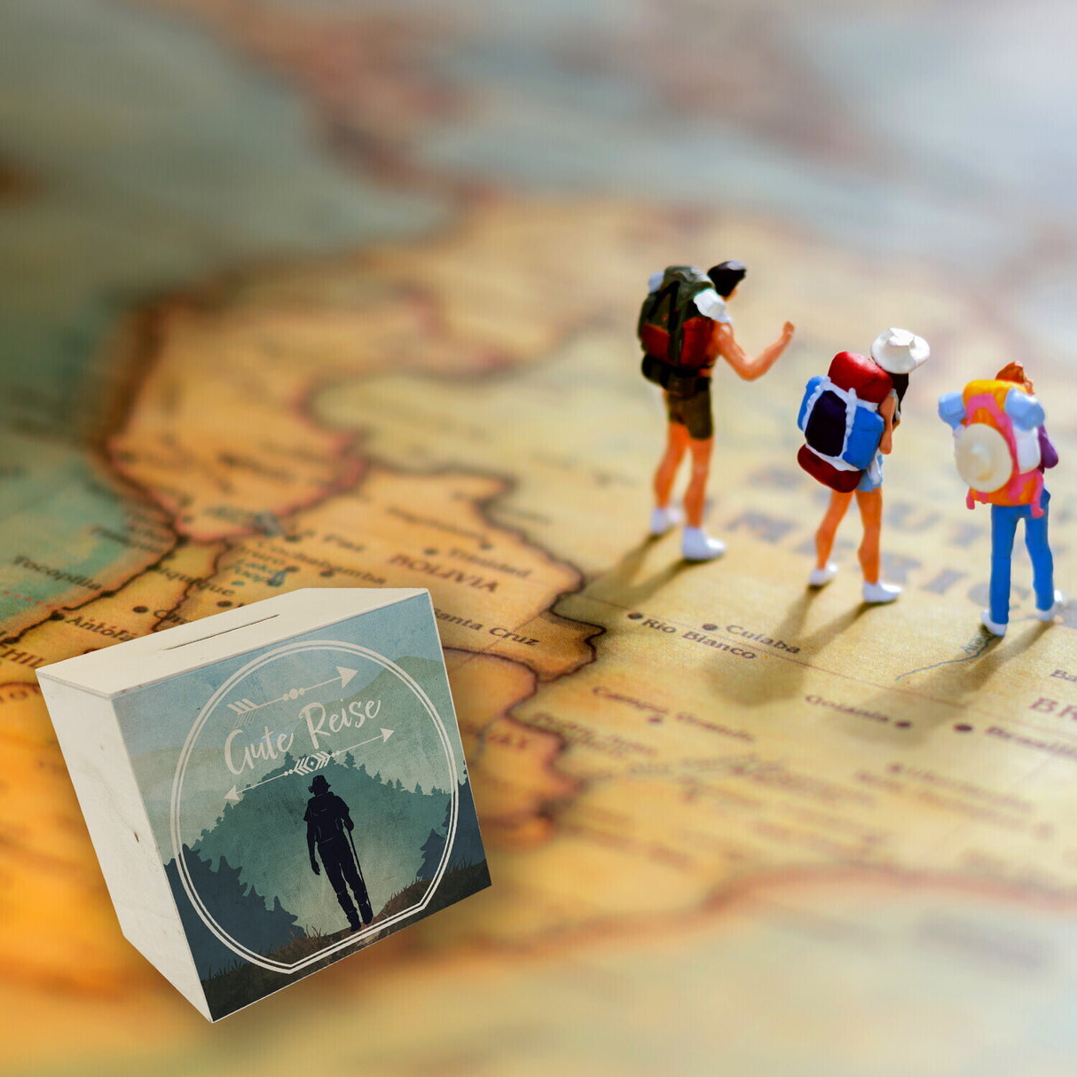 Gute Reise Spardose mit Wander Motiv