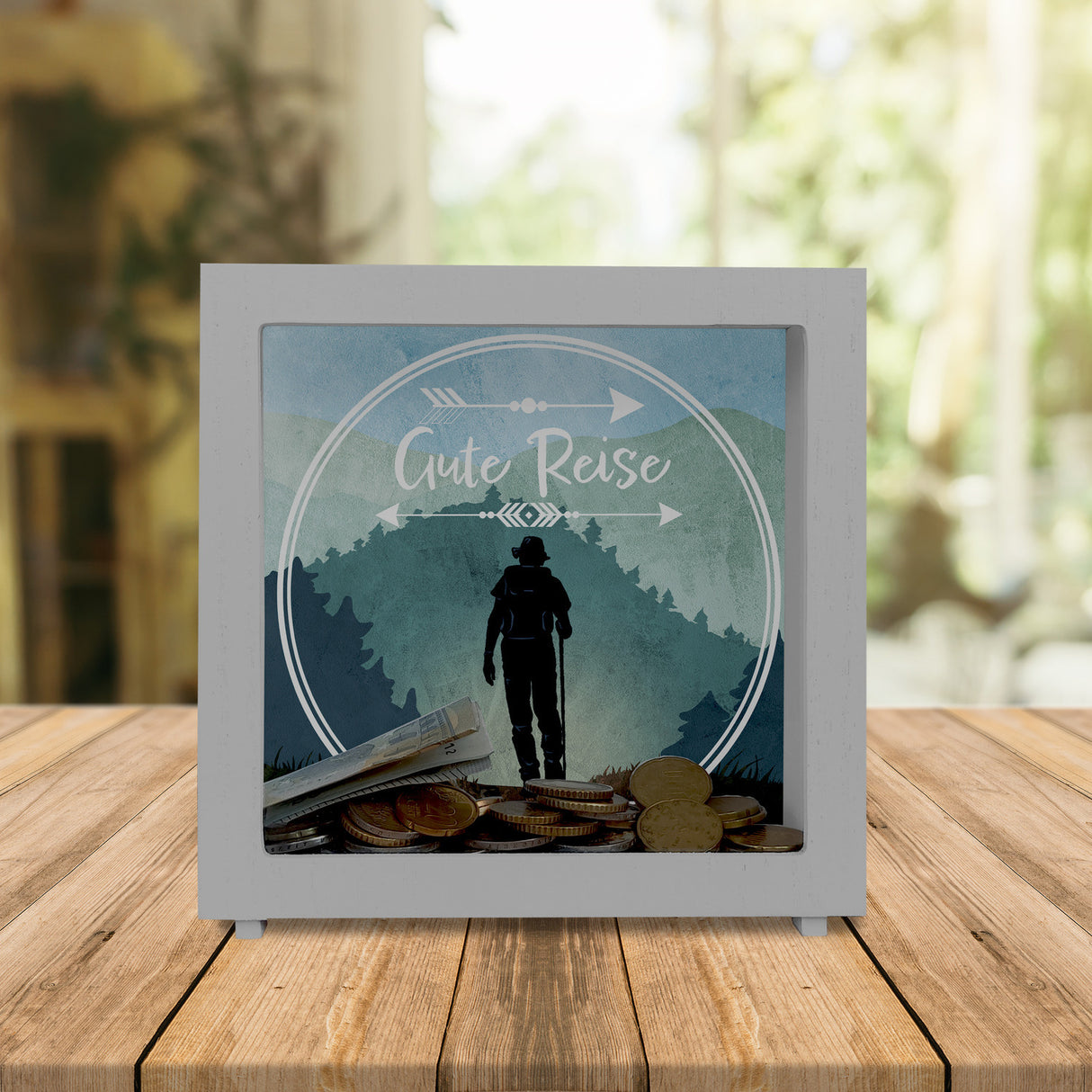 Gute Reise Spardose mit Wander Motiv