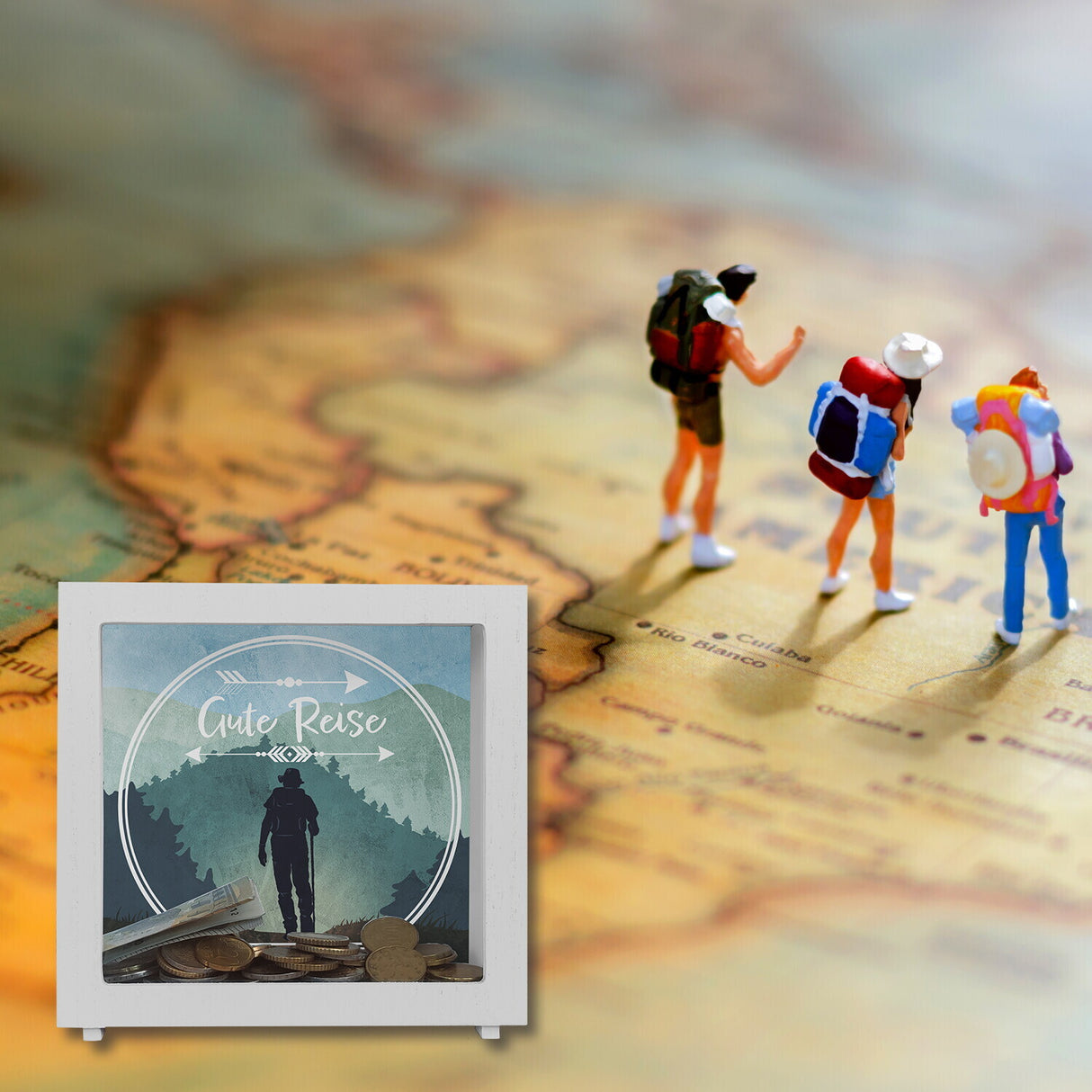 Gute Reise Spardose mit Wander Motiv