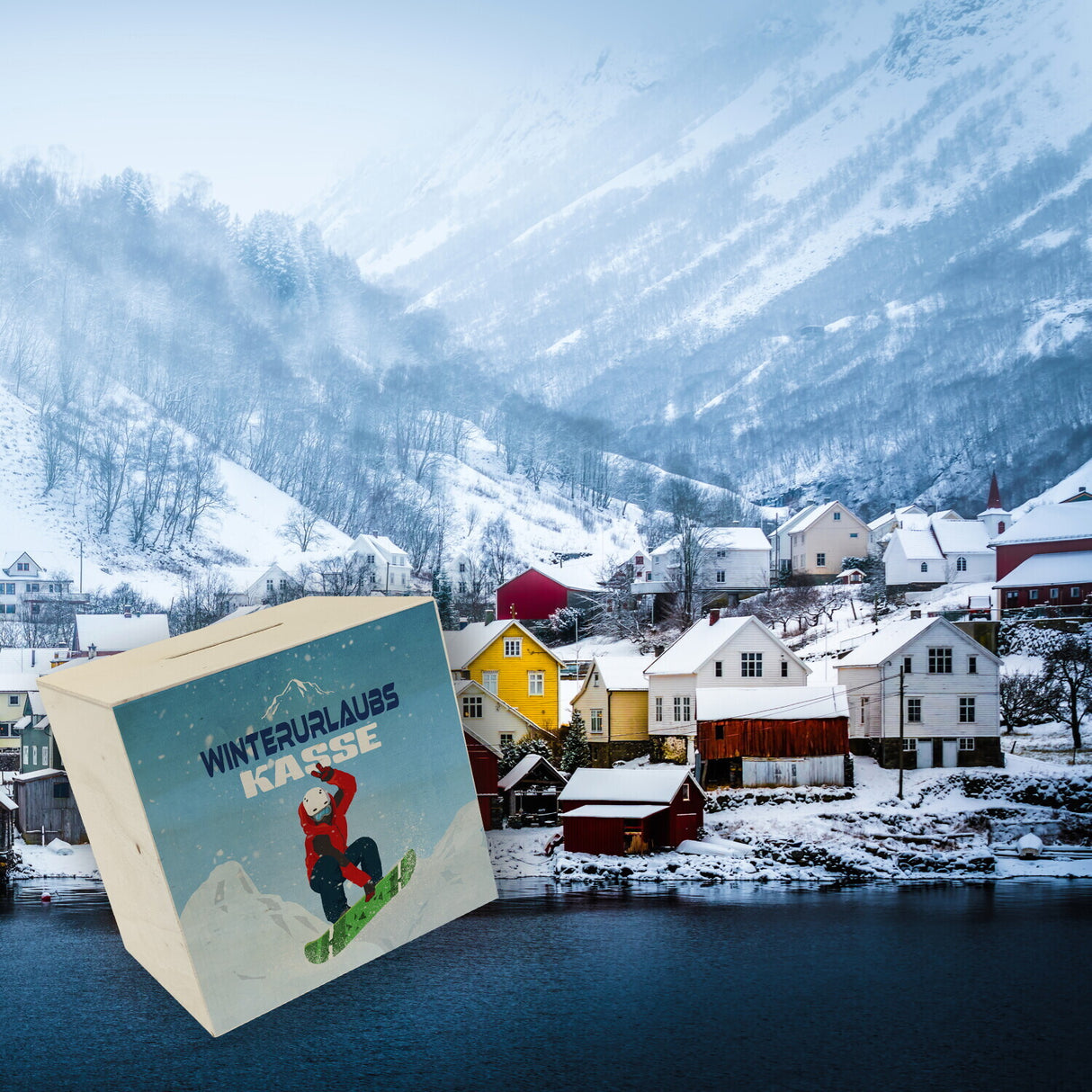 Winterurlaubskasse Spardose mit coolem Snowboarder
