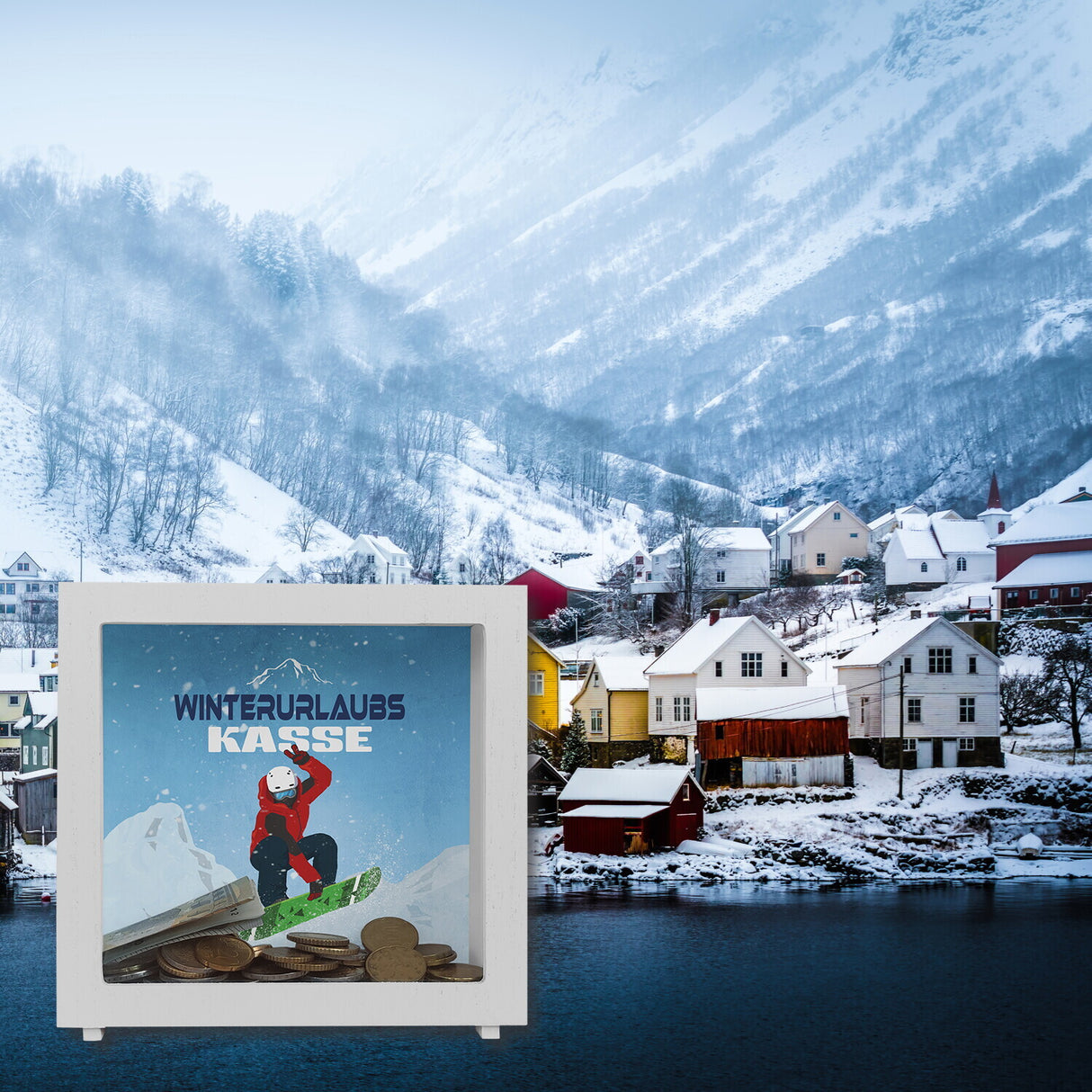 Winterurlaubskasse Spardose mit coolem Snowboarder