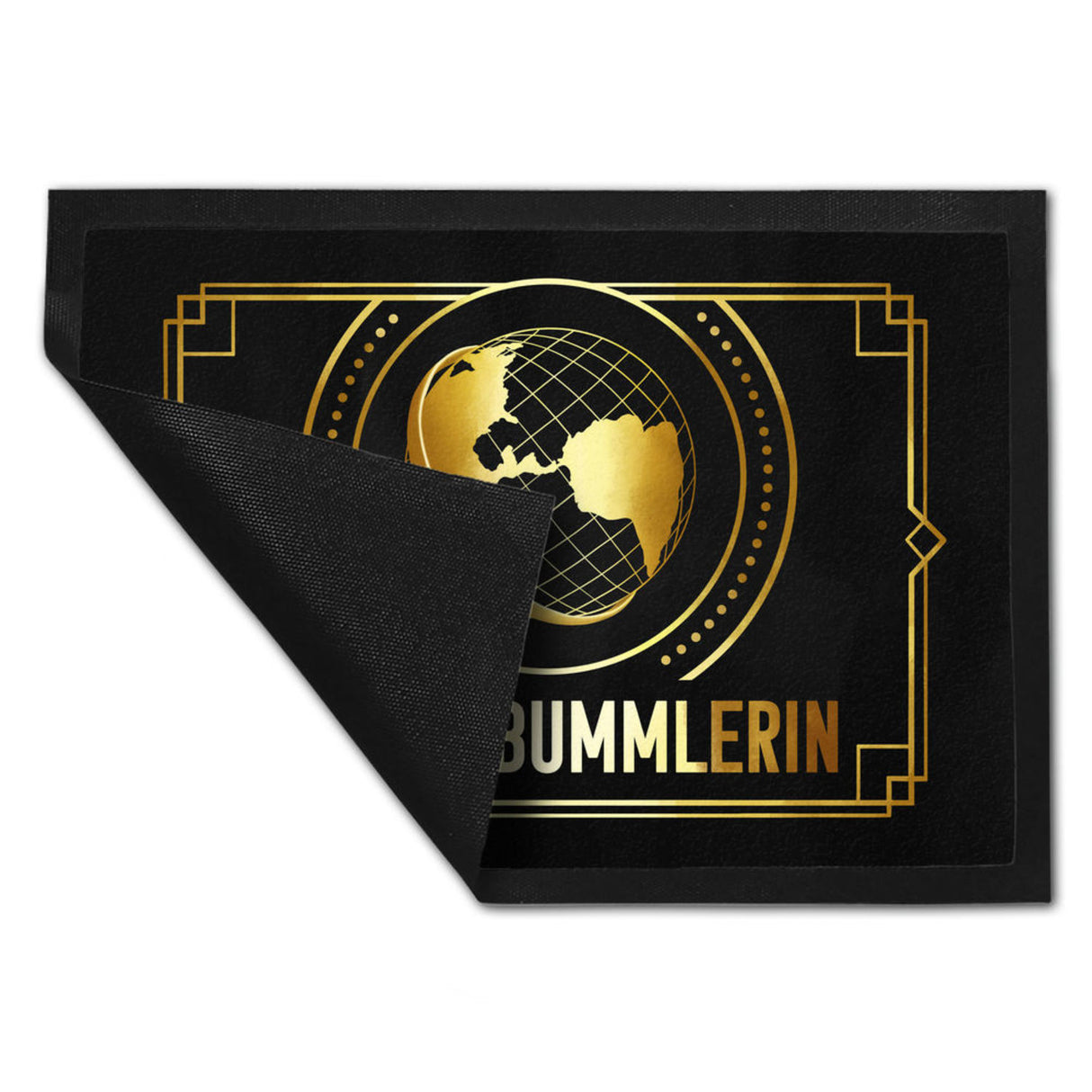 Weltenbummler Fußmatte mit goldenem Globus und Reisemotiv