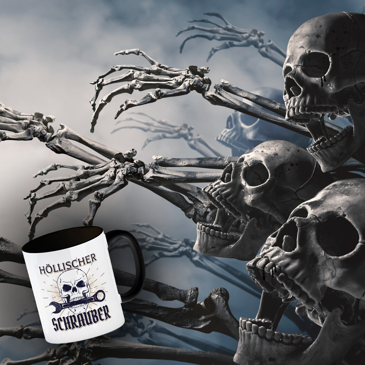 Höllischer Schrauber Kaffeebecher mit Totenkopf und Schraubenschlüssel Motiv