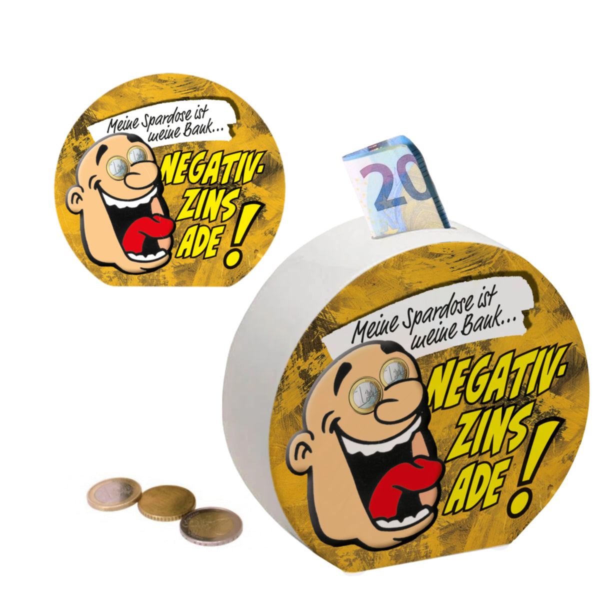 Spardose zum Thema Negativzins mit Comic-Motiv