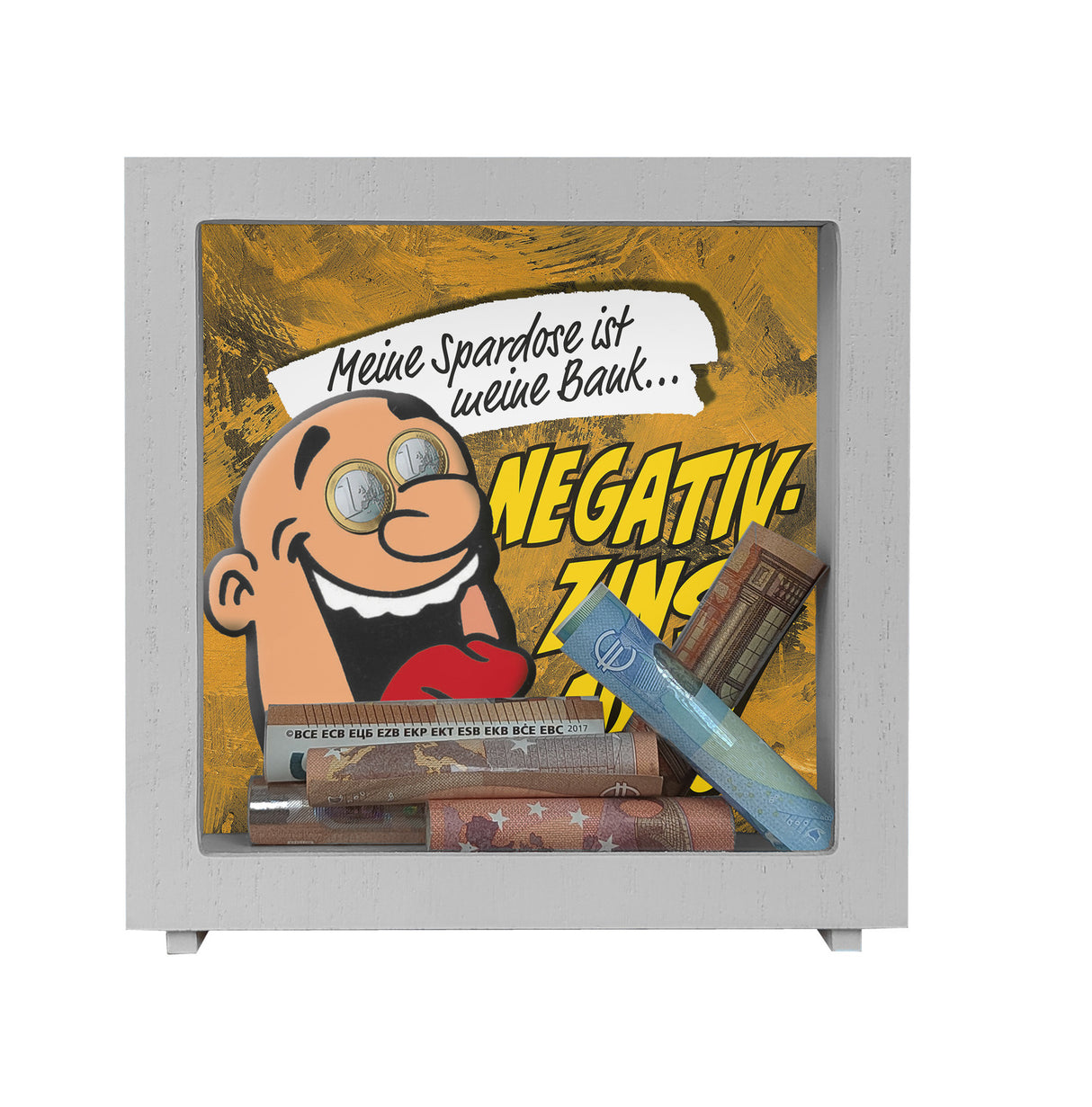 Spardose zum Thema Negativzins mit Comic-Motiv