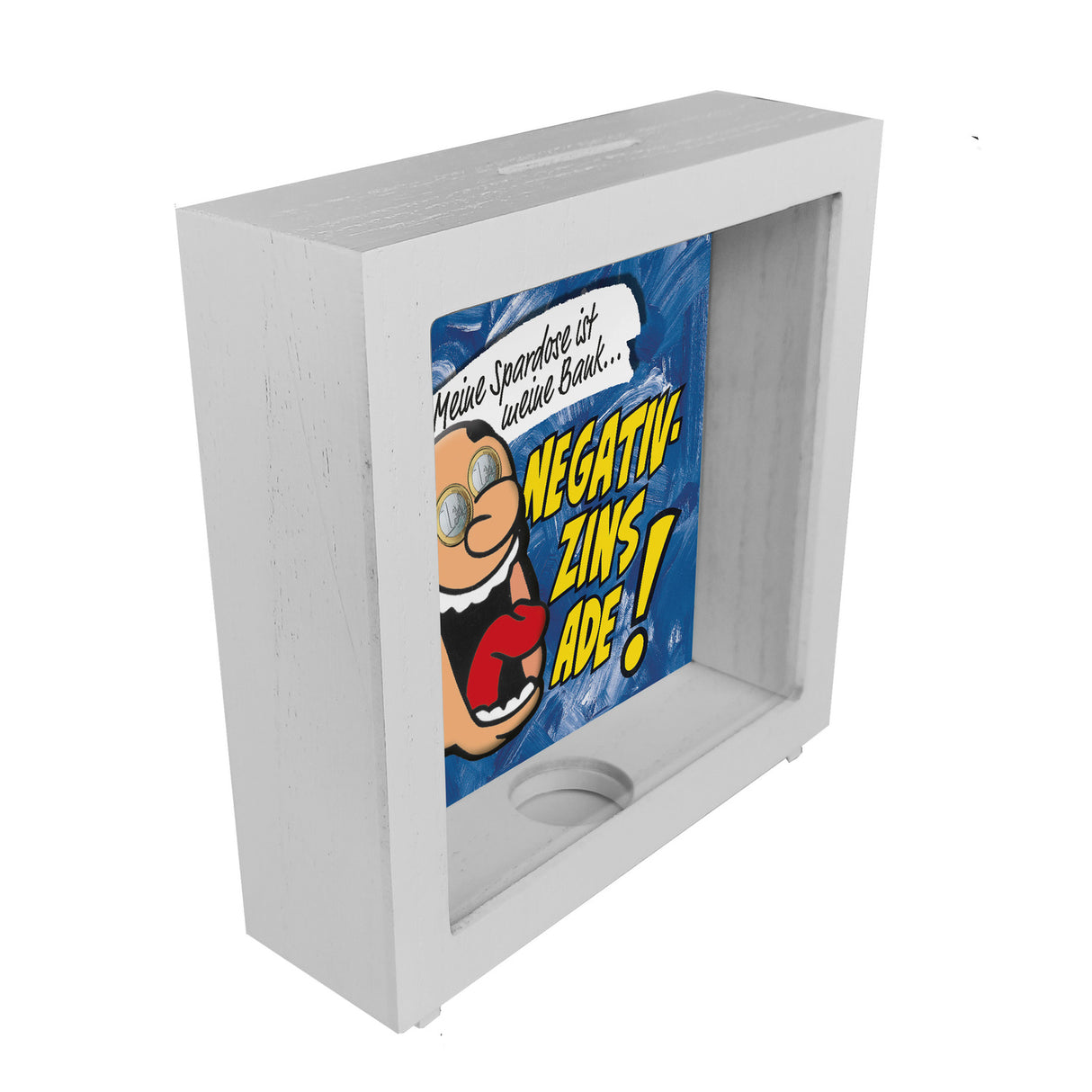 Spardose zum Thema Negativzins mit Comic-Motiv