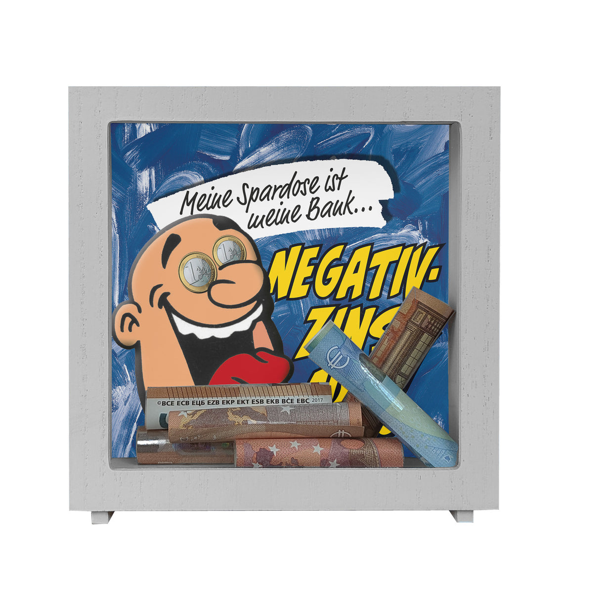 Spardose zum Thema Negativzins mit Comic-Motiv