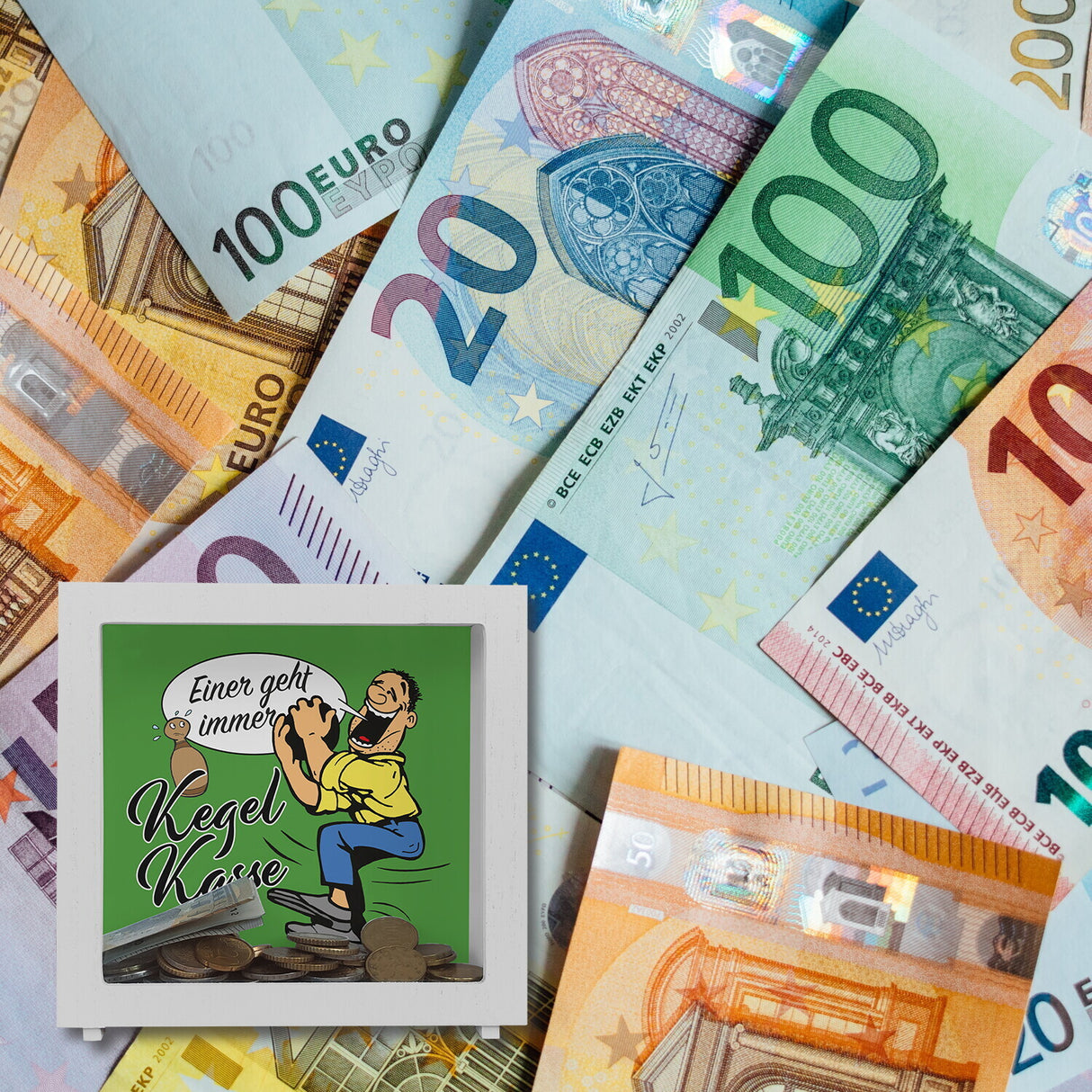 Kegelkasse Spardose Einer geht immer mit lustigem Kegelspieler Motiv
