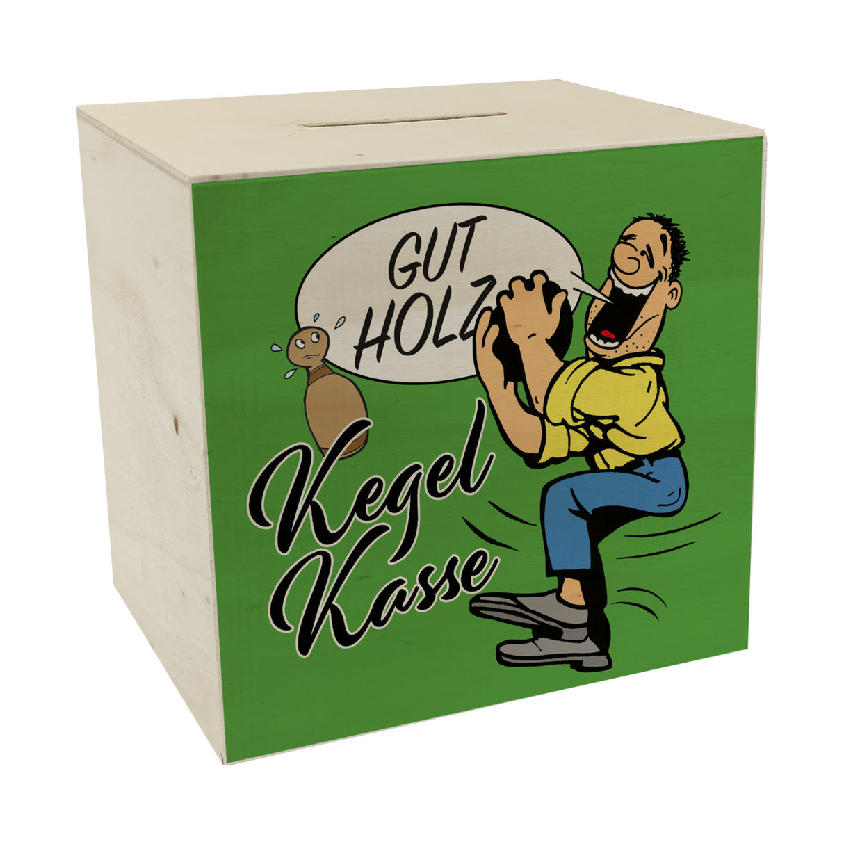 Kegelkasse Spardose Gut Holz mit lustigem Kegelspieler Motiv