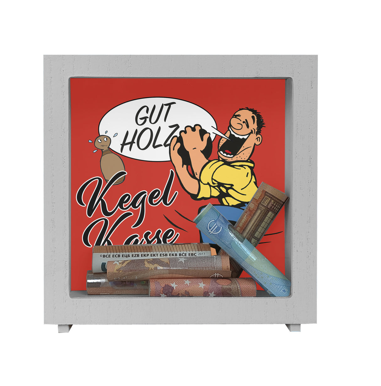 Kegelkasse Spardose Gut Holz mit lustigem Kegelspieler Motiv