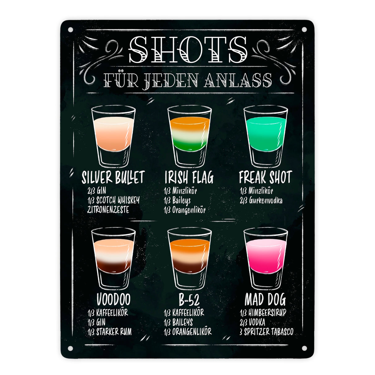 Shot Rezepte Metallschild