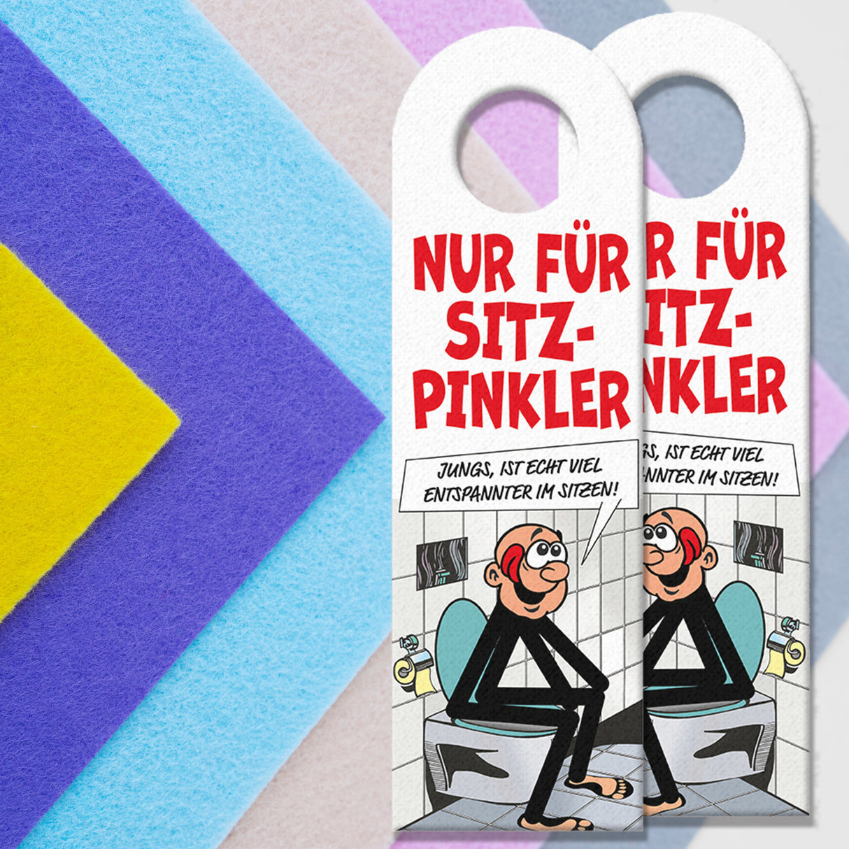 Bitte im Sitzen pinkeln Türhänger im Comic-Stil schwarz