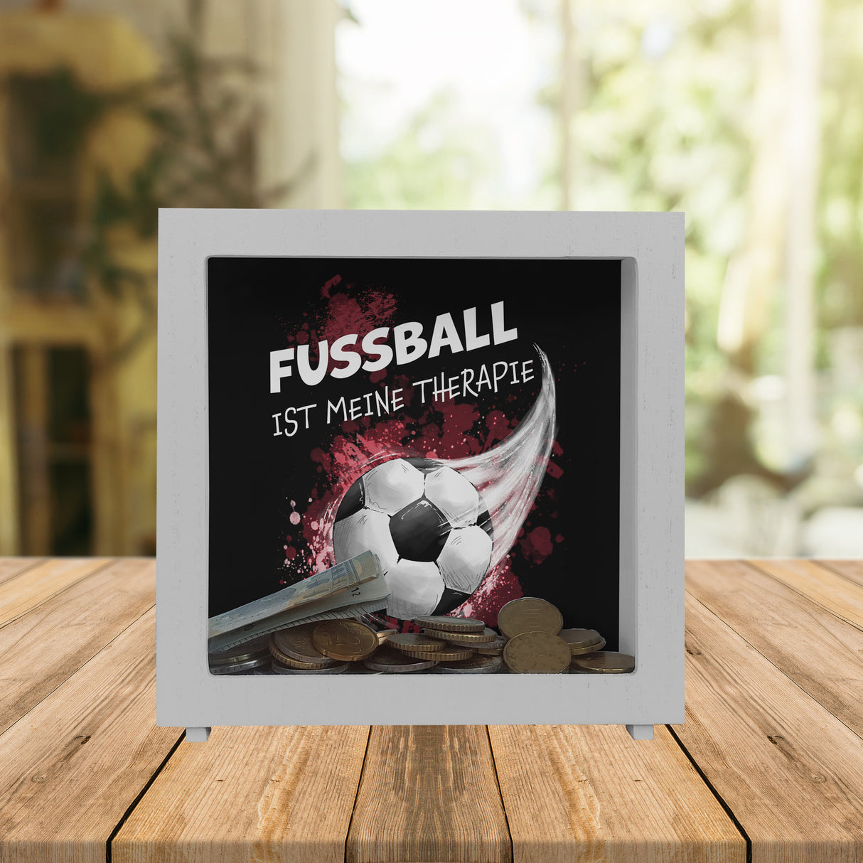 Fußball ist meine Therapie Spardose mit Fußball-Motiv