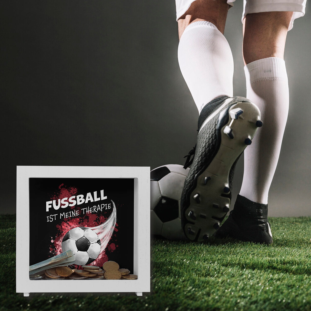 Fußball ist meine Therapie Spardose mit Fußball-Motiv