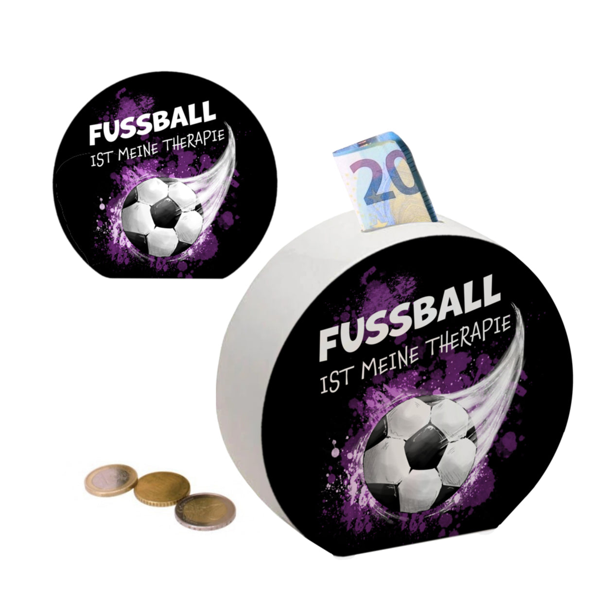 Fußball ist meine Therapie Spardose mit Fußball-Motiv